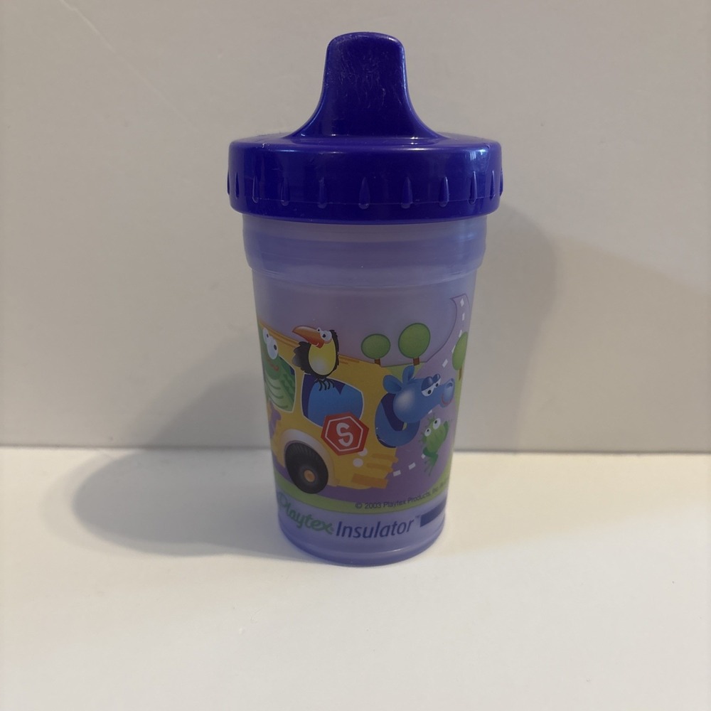 Vintage Playtex Insulator Sippy Cup Purple Animal Bus Silly Cup No Valve
